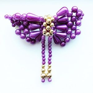 Vintage purple & gold beaded bow hair barrette